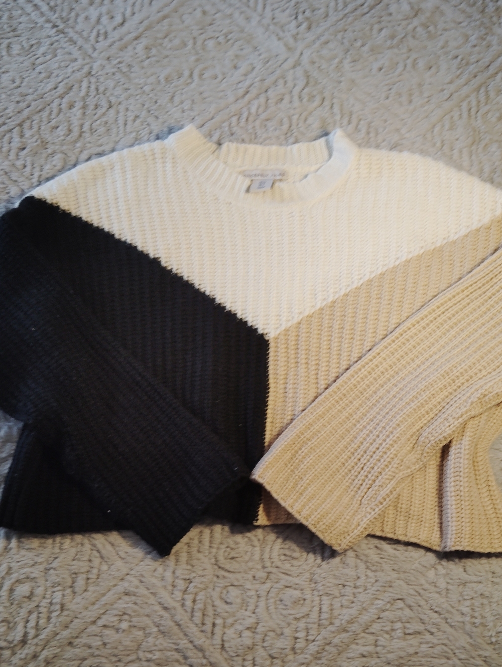 Sincerely Jules Colorblock Ribbed Crewneck Sweater in Cream, Black & Tan